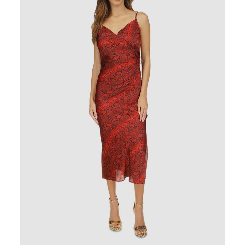 Michael Kors Women's Sleeveless V Neck Python Silky Slip Midi Dress Wine Red L